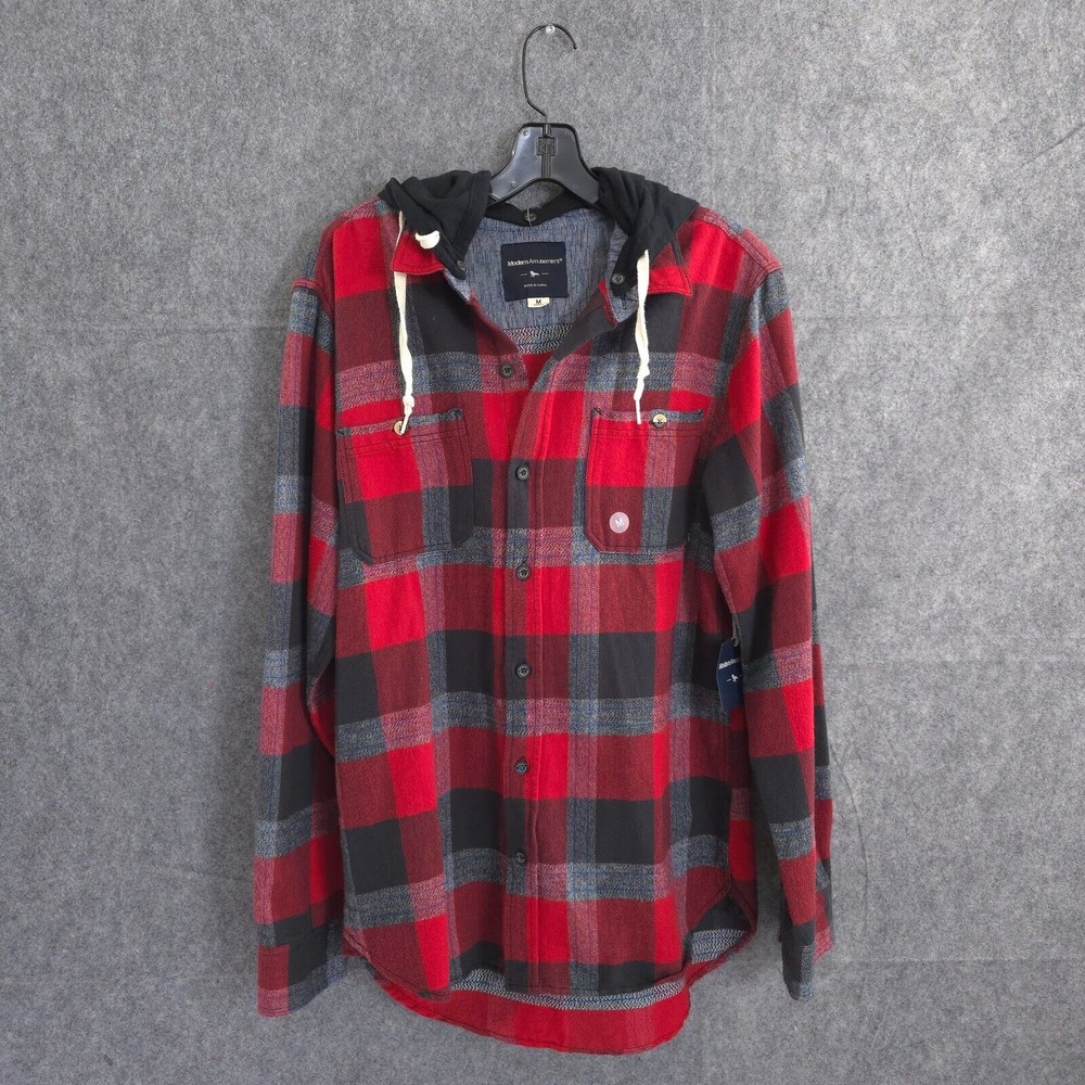 NEW Modern Amusement Button Up Flannel Shirt Mens Size M Red Plaid Long Sleeve